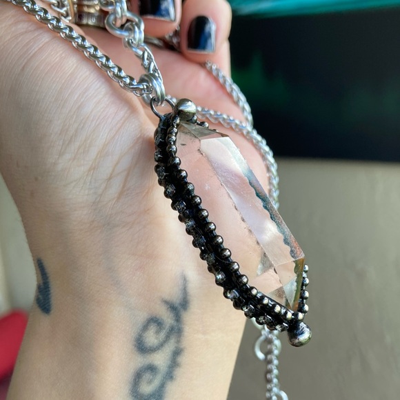 Natural Crystal quartz black electroplated boho goth stainless steel necklace - Picture 14 of 14